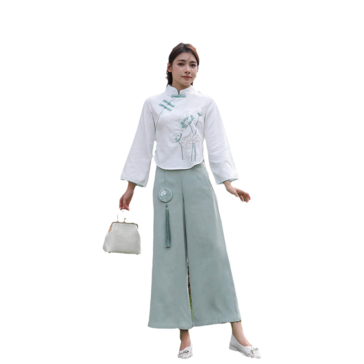 Autumn and Winter New plus size Women's Retro New Chinese Ethnic Style Tang Dress Improved Cheongsam Embroidered Wide Leg Pants suit