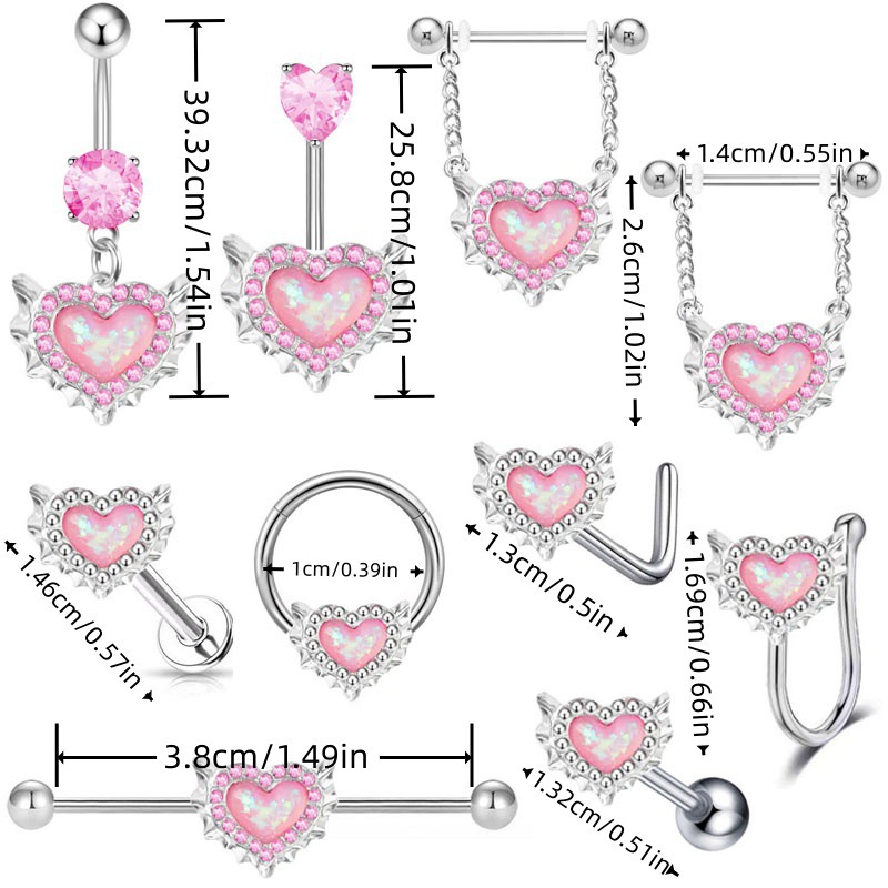 Stainless Steel New Pink Heart-Shaped Opal Belly Button Ring Clip Earrings Nose Stud Body Piercing Jewelry_voghion.com