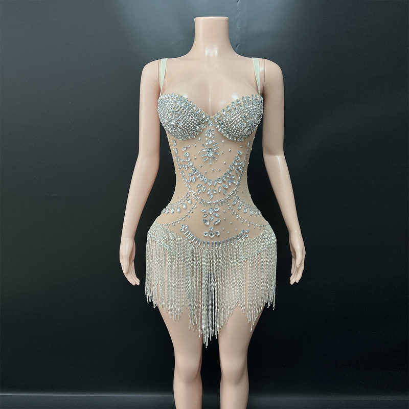 European and American light luxury sparkling rhinestone strapless tassel tight-fitting jumpsuit for Latin jazz competitions, runway shows, and figure skating performances