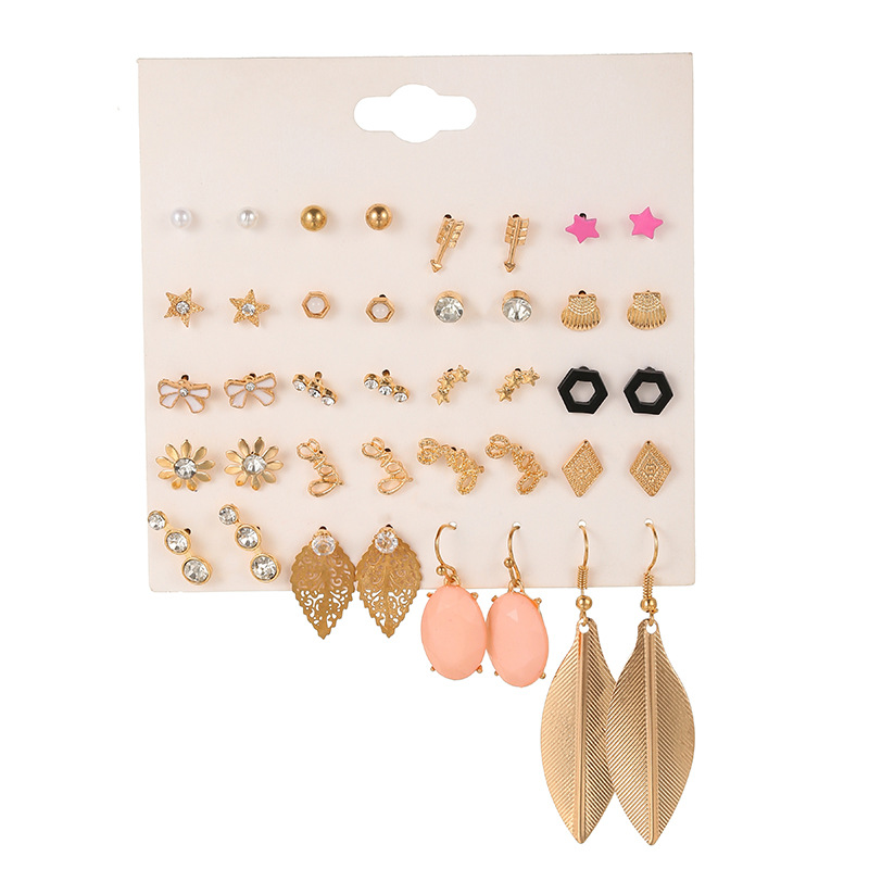 20 pairs of bow stud earrings set LOVE leaf earrings pearl rhinestone geometric earrings wholesalepicture5