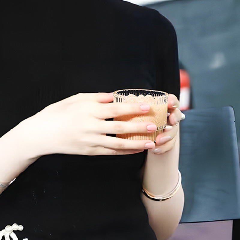 复古浮雕太阳花叠叠杯冰拿铁可叠咖啡杯子家用冰川纹玻璃水杯子|undefined