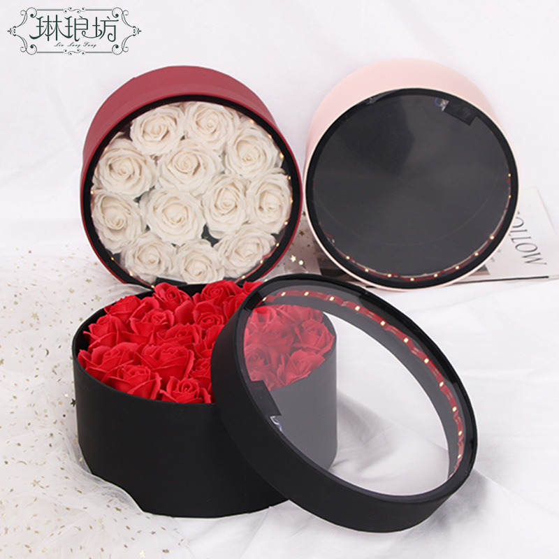 Día de San Valentín chino luminoso caja redonda ventana caja de flores transparente con ramo de luz Rose caja LED luz vacía caja de regalo