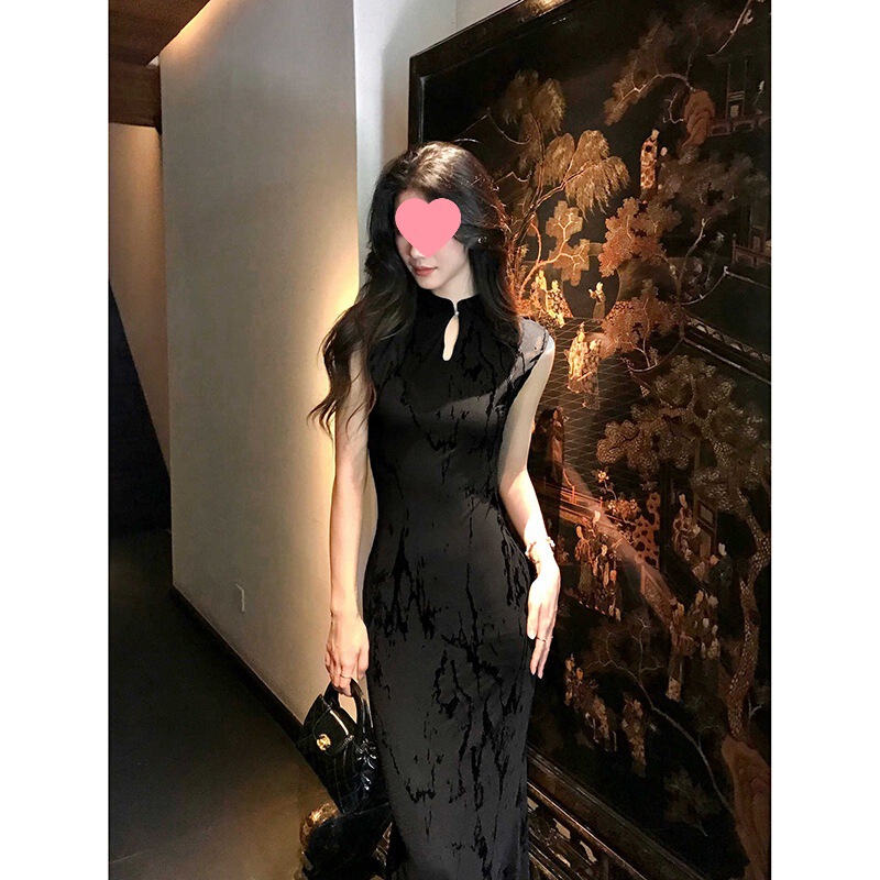 夏季黑色高级感改良新中式包臀提花旗袍连衣裙长裙女|undefined