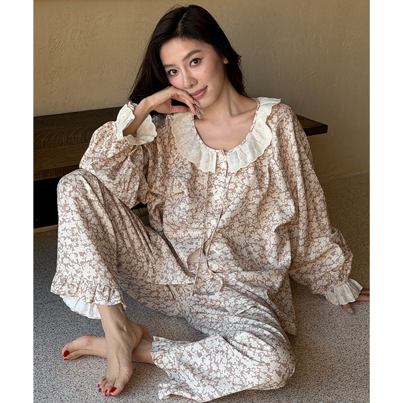2026 New Style Pure Cotton Long-Sleeved Women's Home Wear, Cute Floral Girly Style, Sweet Lace, Comfortable Pajama Set