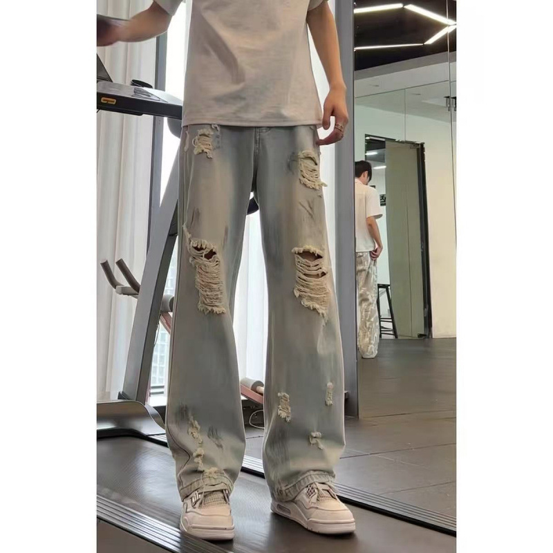 Ripped Jeans for Men 2026 Summer Thin Style Trendy American High Street Style Cool Streetwear That Makes You Look Taller and Slimmer Straight-Leg Pants