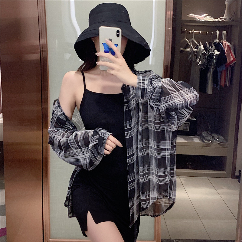 新しいアメリカンチェック柄シャツ女性のための 2025 夏の新しい怠惰なスタイルのシャツジャケット日焼け止めトップトレンディ|undefined