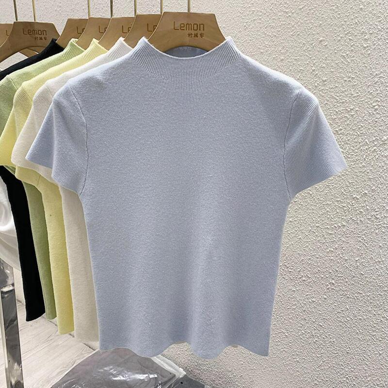 Solid color slimming stylish half-high collar knitted short-sleeve base shirt for women, new slim-fit simple top for spring and summer Solid color slimming stylish half-high collar knitted short-sleeve base shirt for women, new slim-fit simple top for spring and summer