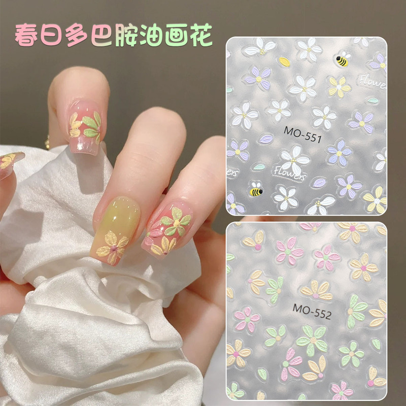 Nail Art Stickers Dopamine Macaron Oil Painting Flower Stickers Small Fresh Versatile Small Flower Three-Dimensional Relief Decorative Decals