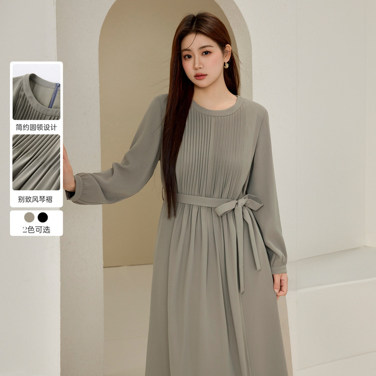 Fiber Show Large Size Women's French Temperament Accordion Pleated Elegant Waist Slim Dress Fat mm2024 New Winter Style