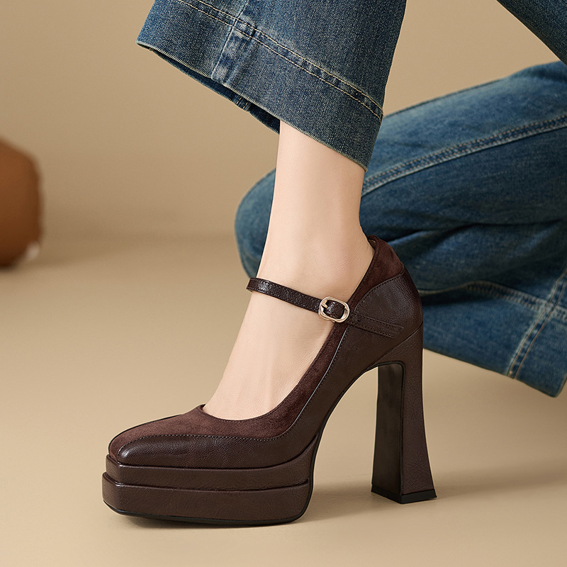 Giày Mary Jane nữ mũi vuông gót vuông đế platform cao 9 cm, da thật, quai ngang có khóa — màu nâu, màu đen