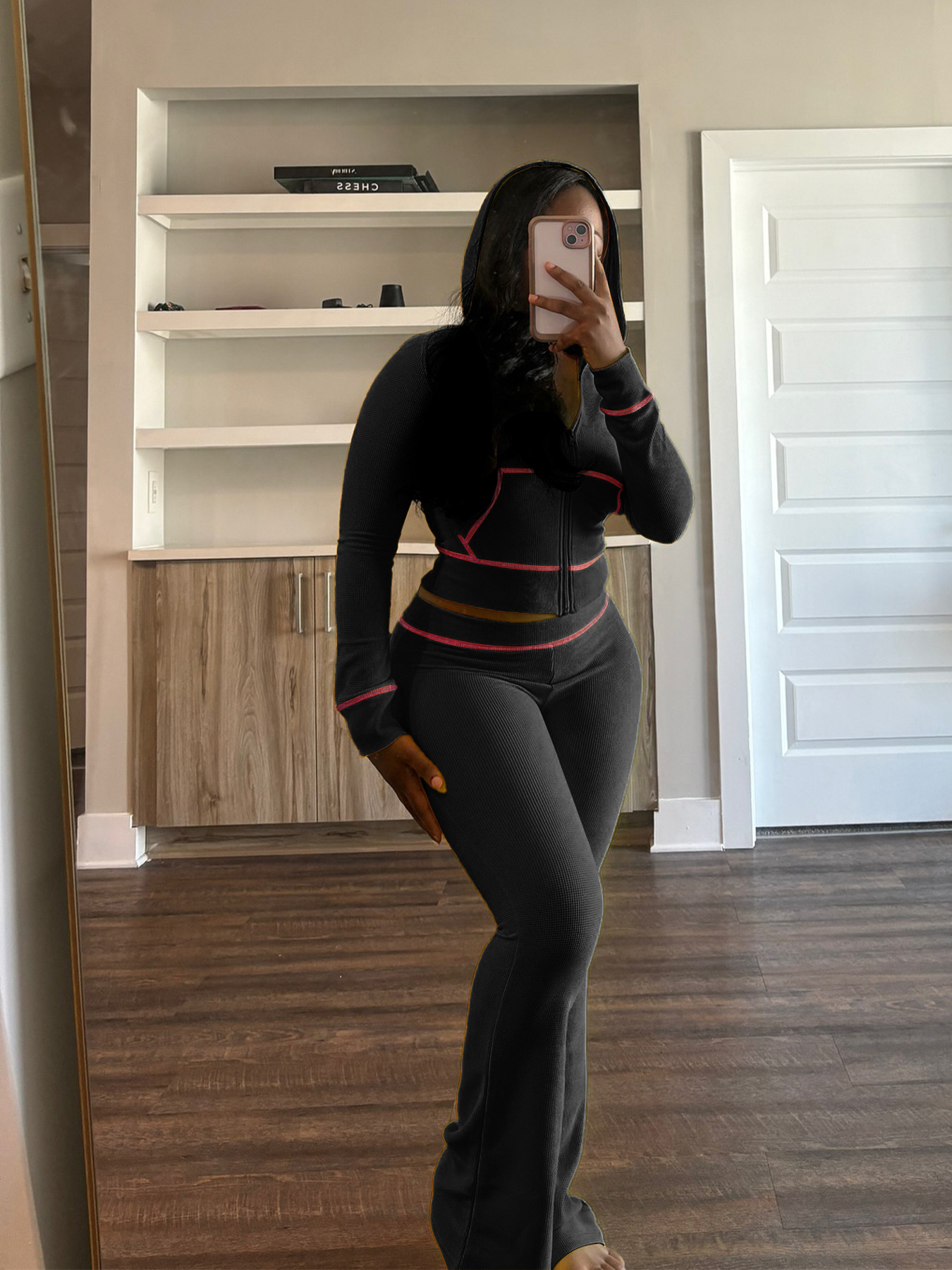 Women Waffle Texture Fabric With Shoulder Cuff Hat Micro Horn Casual Suit