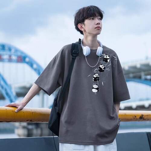 New short-sleeved men's ins fashion brand European and American hip-hop style round collar base shirt top summer creative panda print t-shirt