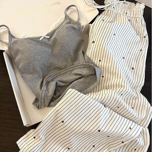 Korean-Style Lace-Trimmed Padded Pajamas for Women, Summer Camisole and Long Pants Striped Heart Pattern Pure Desire Style Loungewear Set Korean-Style Lace-Trimmed Padded Pajamas for Women, Summer Camisole and Long Pants Striped Heart Pattern Pure Desire Style Loungewear Set