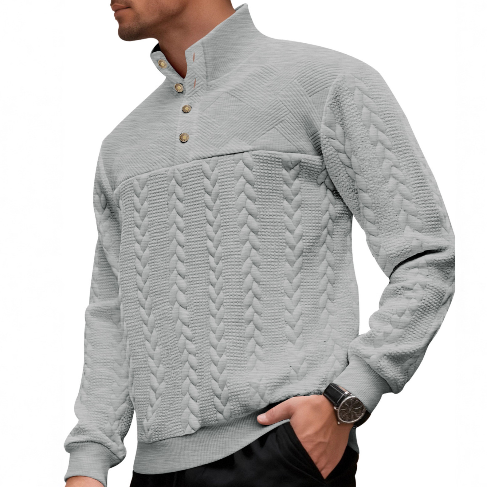 Pull-over à col montant boutonné, style rétro européen et américain, 26 pouces, en maille ample patchwork, long._voghion.com