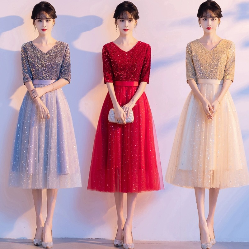 Large chorus costume female adult short skirt slimming host red song competition poetry recitation fashion small dress