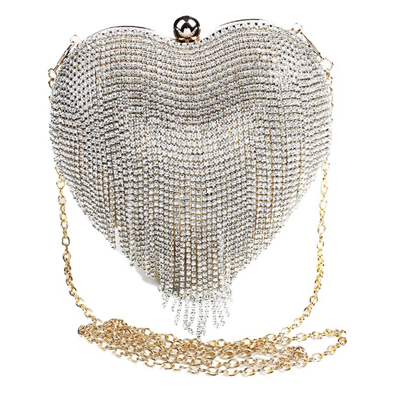 Corazón de melocotón transfronterizo Bolso de mujer borla de diamantes bolsa de amor fiesta Bolsa De noche Portátil Bolsa de mensajero de cadena entrega de una pieza