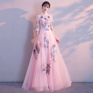 Temperament pink wine silver party dress qipao elegant atmosphere elegant evening dresses female new party host socialite pink long white