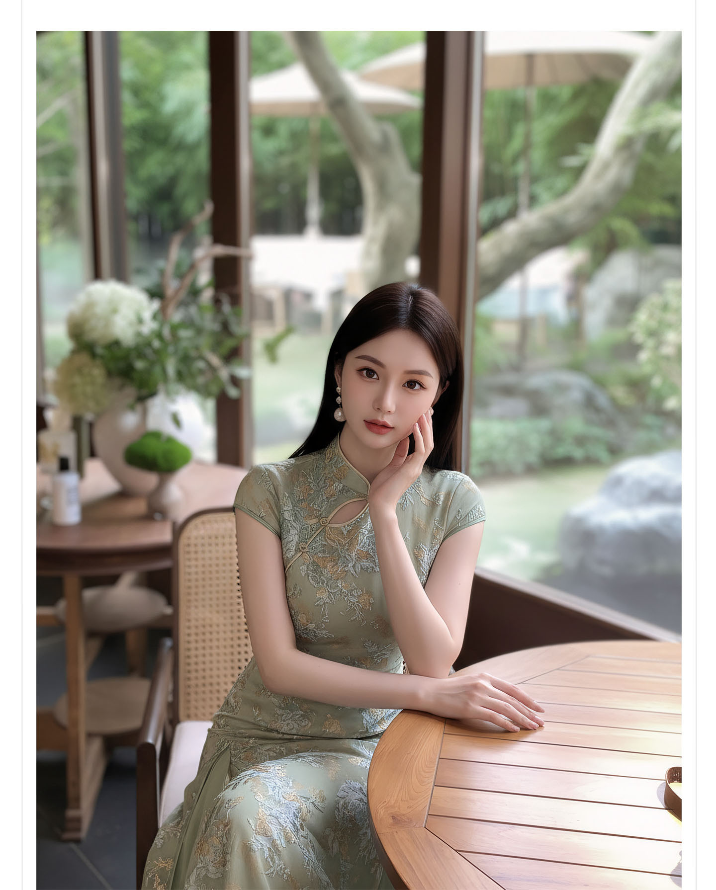 Đầm maxi nữ cổ đứng ren hoa thêu tay dài — Xanh lá cây nhạtcolor chi tiết 4