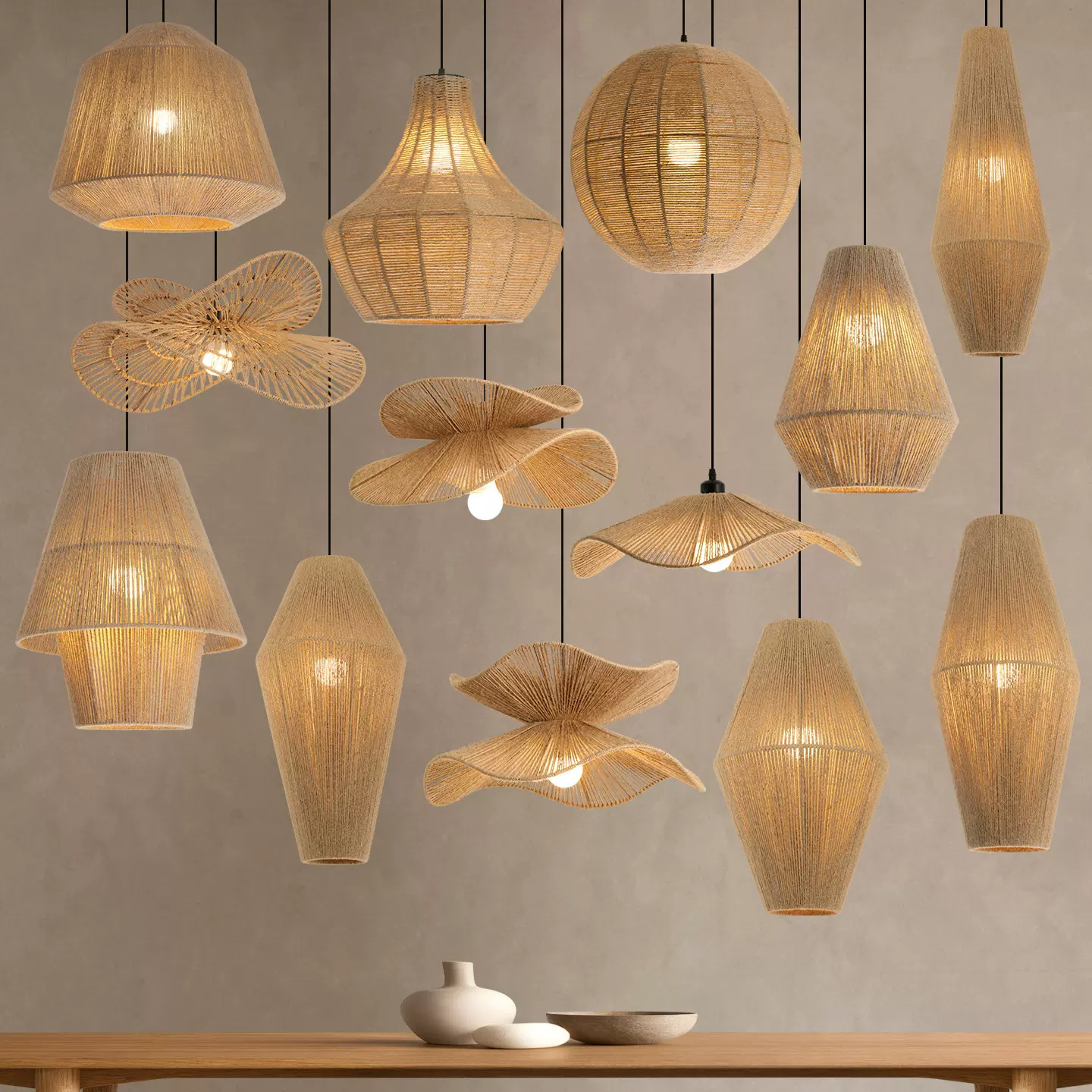 日式麻绳餐厅吊灯侘寂风创意卧室民宿书房编织灯具禅意茶室绳编灯