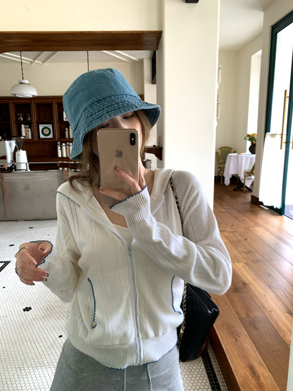 条纹连帽长袖针织衫外套女秋季新款韩系显瘦短款开衫上衣|undefined