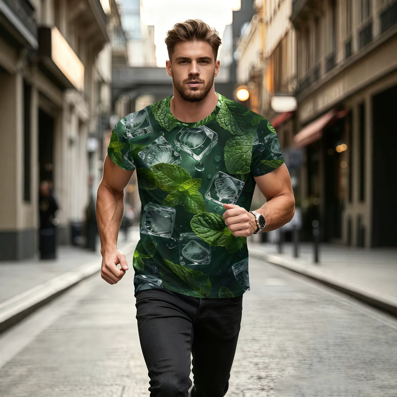 Mint leaf ice cube cool summer fresh print men's casual round neck T-shirt cross-border T-shirt Mint leaf ice cube cool summer fresh print men's casual round neck T-shirt cross-border T-shirt