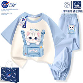 NASA女童夏套装2025新款洋气时髦短袖防蚊裤猫咪儿童运动童装批发