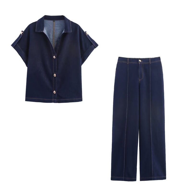 Foreign Trade Wholesale 2025 New European and American Fashion Short-Sleeved Denim Shirts and Pants 4083231 4083232