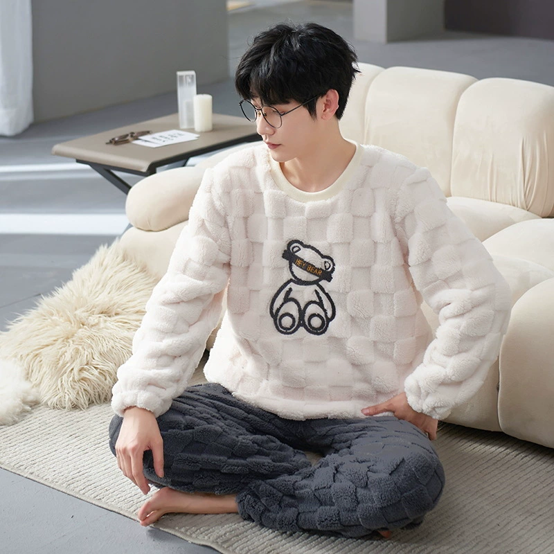 2024 новый коралловый бархатный пижама для мужчин осенью и зимой бархат утолщение зимний подросток костюм для мальчиков