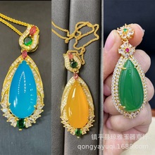 直播货源玉髓镶嵌水滴吊坠景泰蓝紫荆花项链毛衣链高冰种绿玛瑙