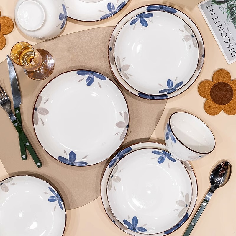 Underglaze Color Ceramic Household Bowl and Plate Set Soup Bowl Plate Flat Plate Ceramic Tableware Dish Plate Rice Bowl Small Flower