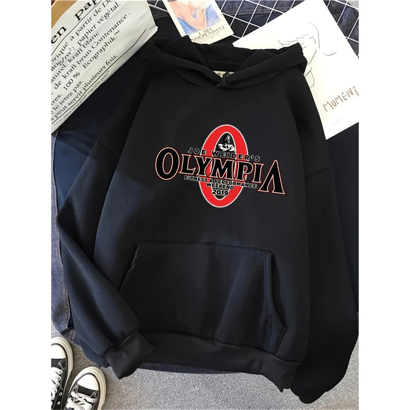[Cross-Border European Size] Olympia Print Sports Gym Hoodie - Black Geometric Pattern Matching
