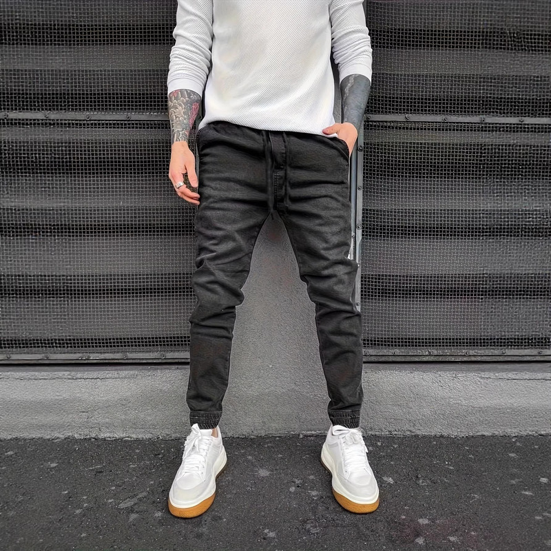 Wish Foreign Trade Export Dropshipping Hot-Selling Black and Gray Drawstring Jogger Jeans for Men, Stretchy Slim-Fit Versatile Jogger Pants