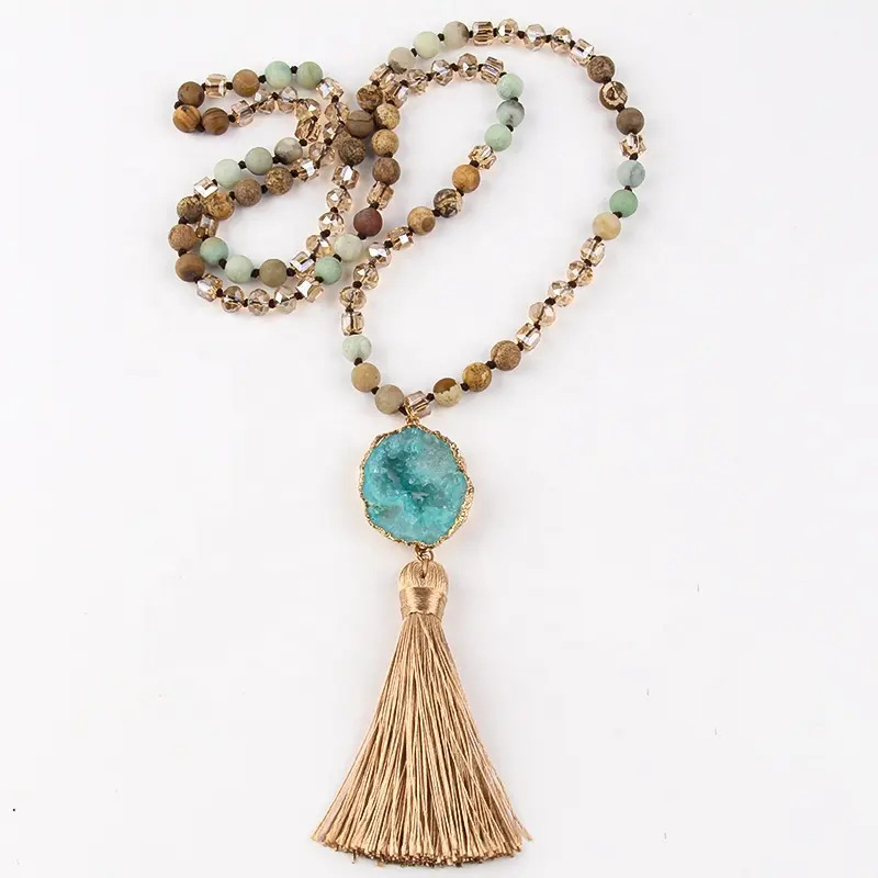 Ethnic Style Water Droplets Semi-Precious Stone, Glass, Crystal Cluster Beaded Tassel Plating Unisex Pendant Necklace display picture 3