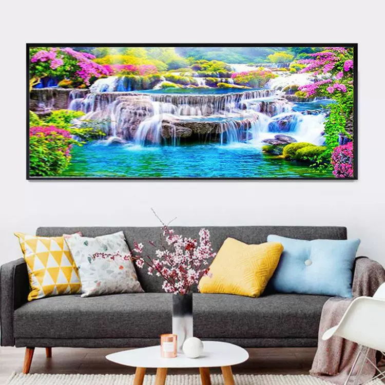 新款流水瀑布手工钻石画 高级感客厅卧室挂画装饰画布油画布家用