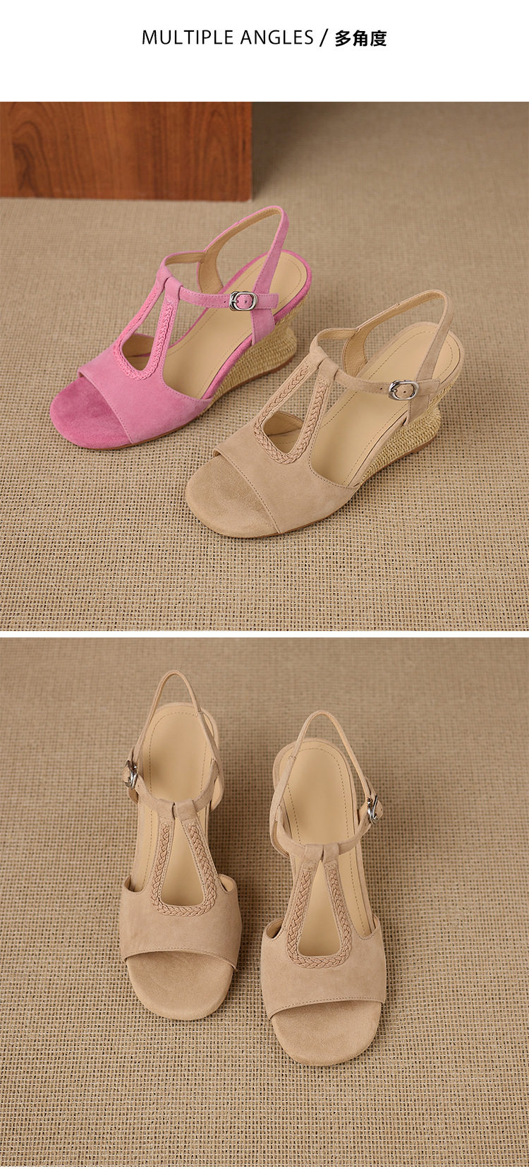 Sandal cao gót nữ hở mũi đế xuồng đan rơm, quai chữ T da lộn — Hồng, màu mơ chi tiết 12