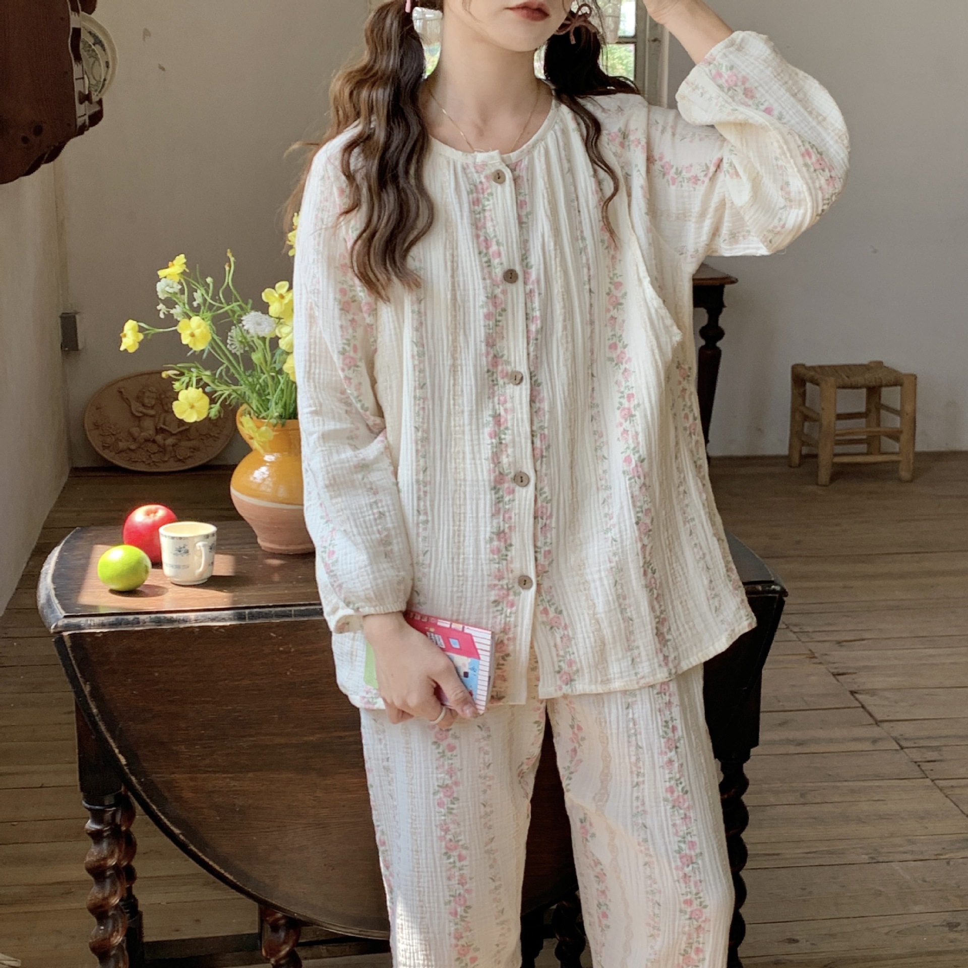 신형 순면 2겹 거즈 산후복 긴팔 임산부 수유복 A급 면 100% 베이비 면 잠옷