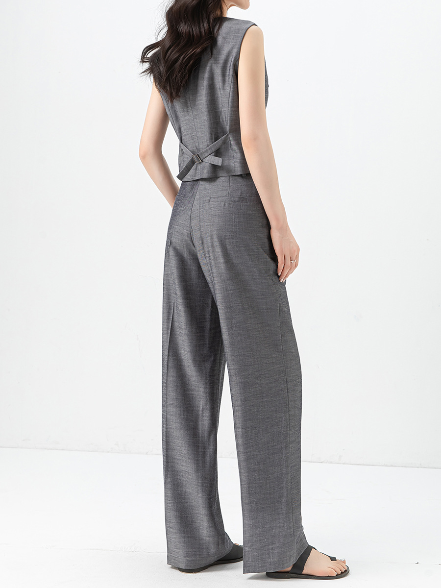 Bộ vest nữ phong cách tiền cũ Xinge áo vest gile quần ống rộng vải lanh Tencel mỏng mùa hè — Vest xám (65473)