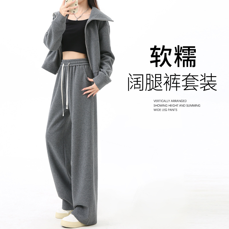 Autumn Women's Clothing 2025 New Fashion Suit Spring and Autumn Style Lapel Sweatshirt Lazy Style Casual Sports Wide-Leg Pants