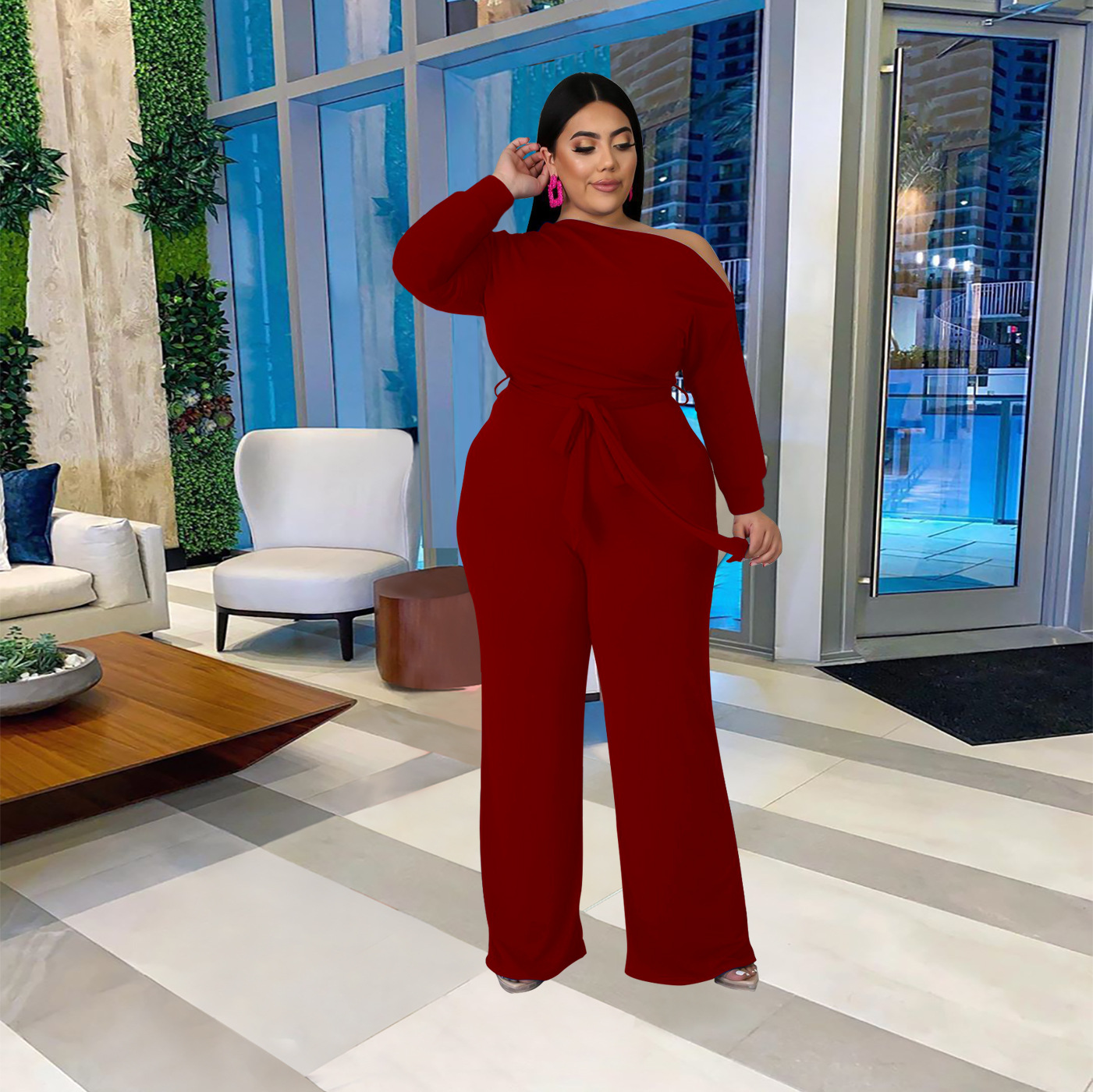 women s plus size solid color strappy shoulder T-shirt flared pants suit nihaostyles clothing wholesale NSBMF80099