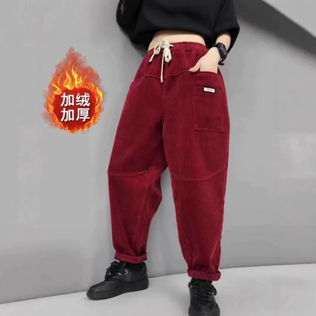 Женские зимние новые вельветы плюшевые толстые шаровары модные брюки эластические талии свободные дикие приливы