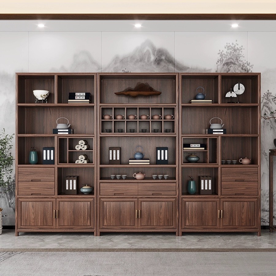 New Chinese style antique shelf solid wood bookcase black walnut display cabinet old elm shelf storage cabinet tea room furniture