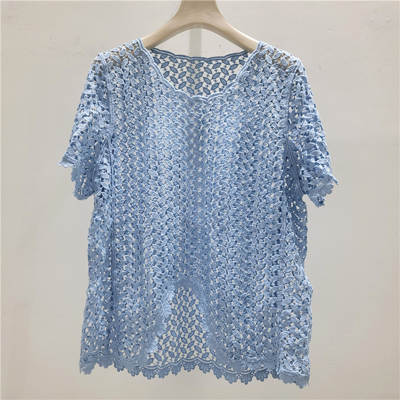 Camiseta de mangas cortas de encaje hueco irregular, camiseta de mujer, gran tamaño de verano, gorda mm, delgada y hermosa camiseta única