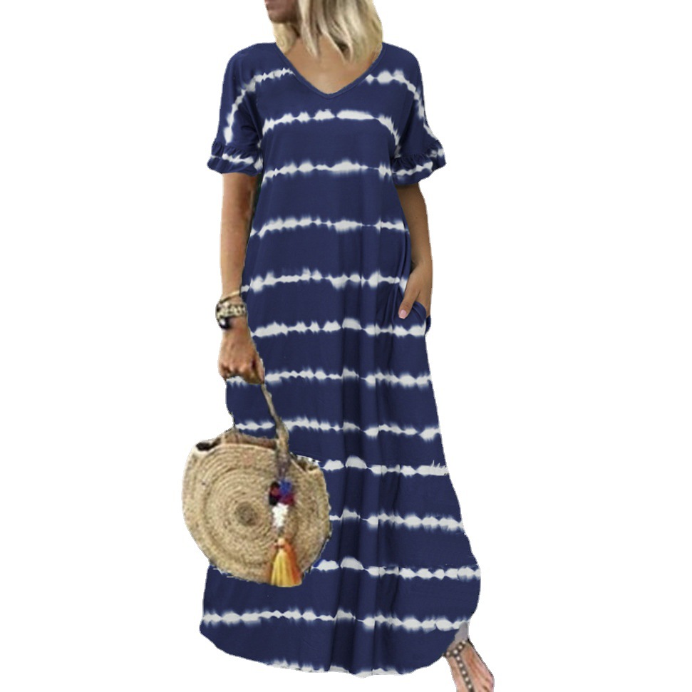 Summer European and American New Dress Wish Cross-Border V Neck Lotus Leaf Sleeve Stripesd Printed Long Skirt Large Size Casual Skirt