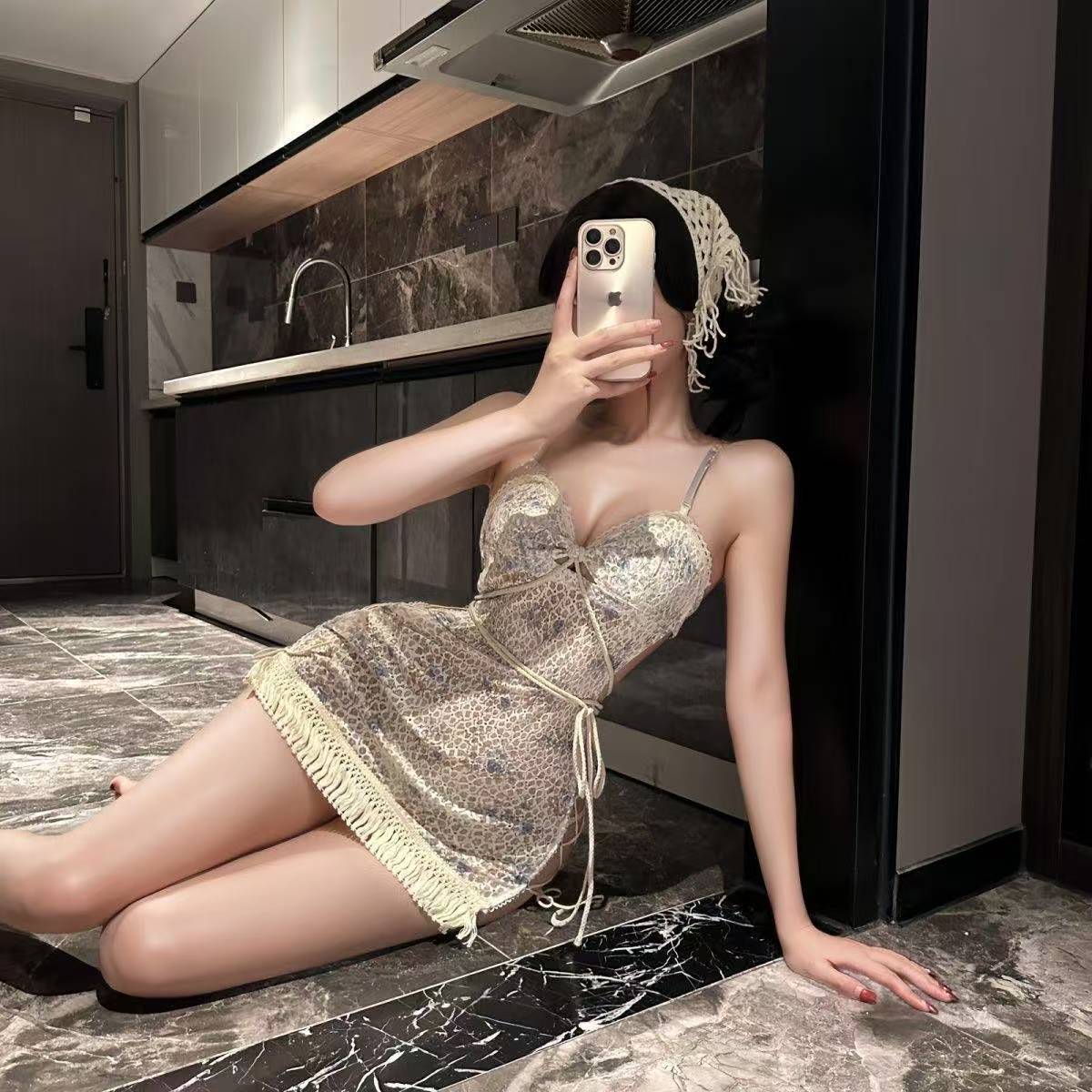Bohemian Floral Maid Costume Dress with Hollow Straps and Thong, One Size — detail image 6