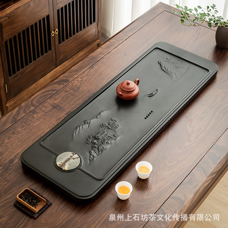 天然乌金石镶国画石茶盘整块高端轻奢现代原石浮雕排水石茶台