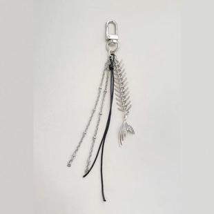 Cyberpunk Fishbone Fishtail Black Rope Tassel Pendant Y2K Bag Mobile Phone Hanging Accessories Keychain Trendy Cool Niche