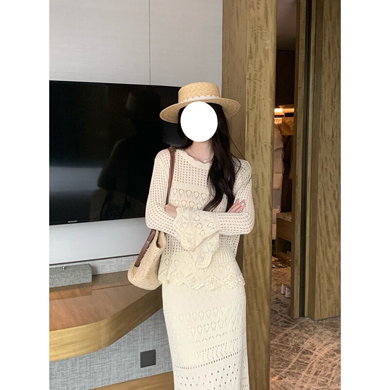 7656浪漫时区小香风淑女针织套装女2025新款镂空上衣长裙子两件套|undefined