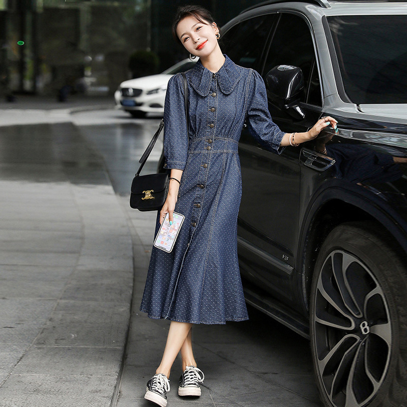 Papaya Milk Spring and Summer New European and American Fashion Printed Point Slimming Look Three-Quarter Sleeve Long Dress Star Style Lapel Trendy Women Papaya Milk Spring and Summer New European and American Fashion Printed Point Slimming Look Three-Quarter Sleeve Long Dress Star Style Lapel Trendy Women