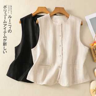 Actual Shot of 2025 New Chinese Style Small Vest, Artistic Japanese Versatile Round Neck Sleeveless Short Vest, Cotton and Linen Mori Style Women's Clothing
