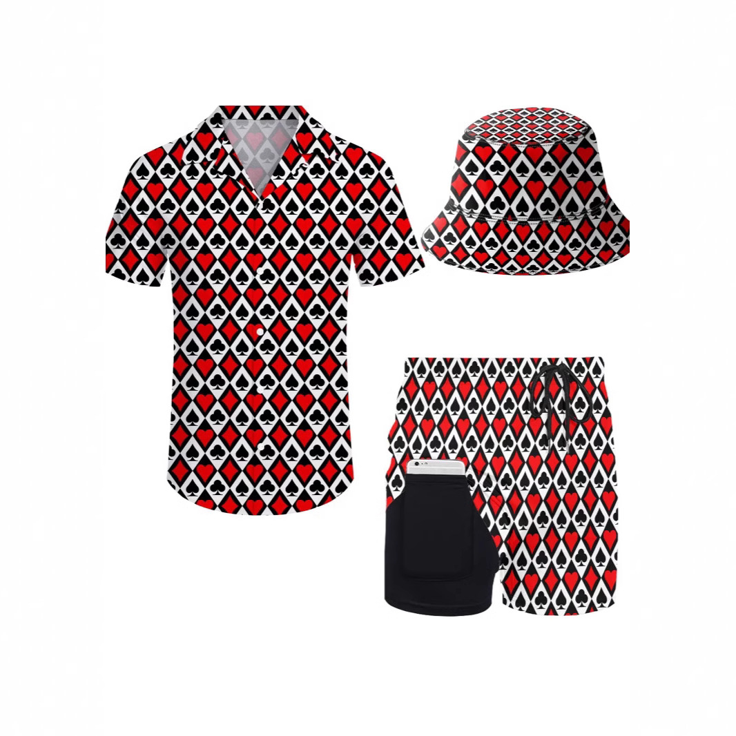 맞춤형 유럽과 미국 하와이 3피스 3D 프린트 패션 남성 라펠 반팔 셔츠 비치 바지 모자 세트